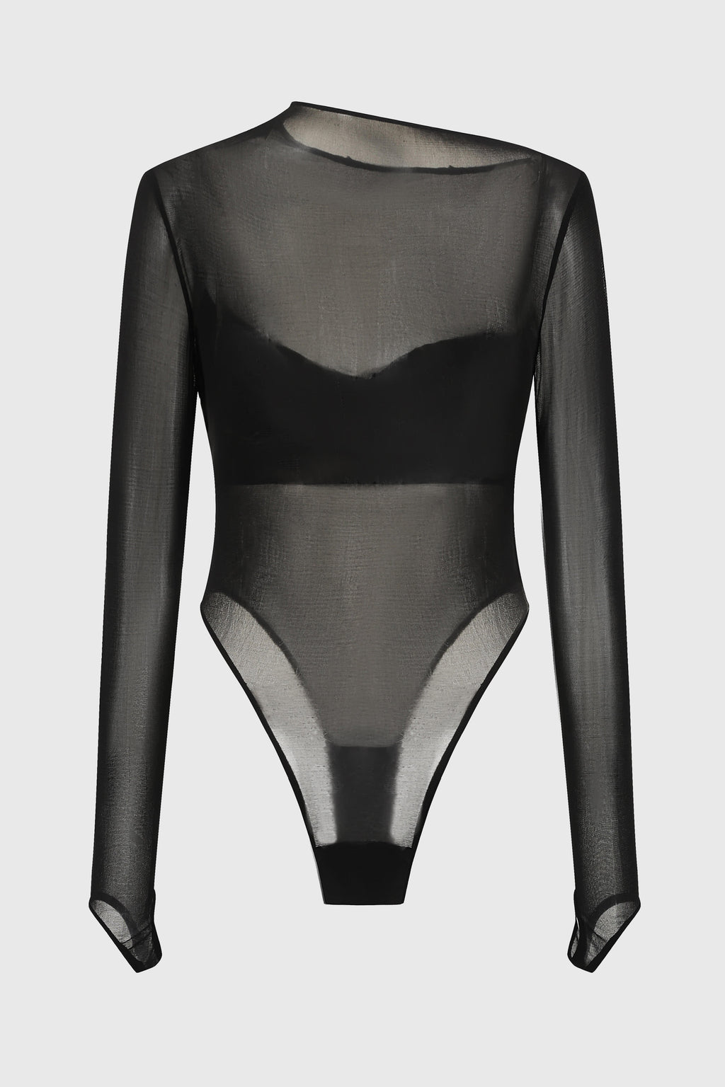 DRAPED SILK MESH BODYSUIT BLACK