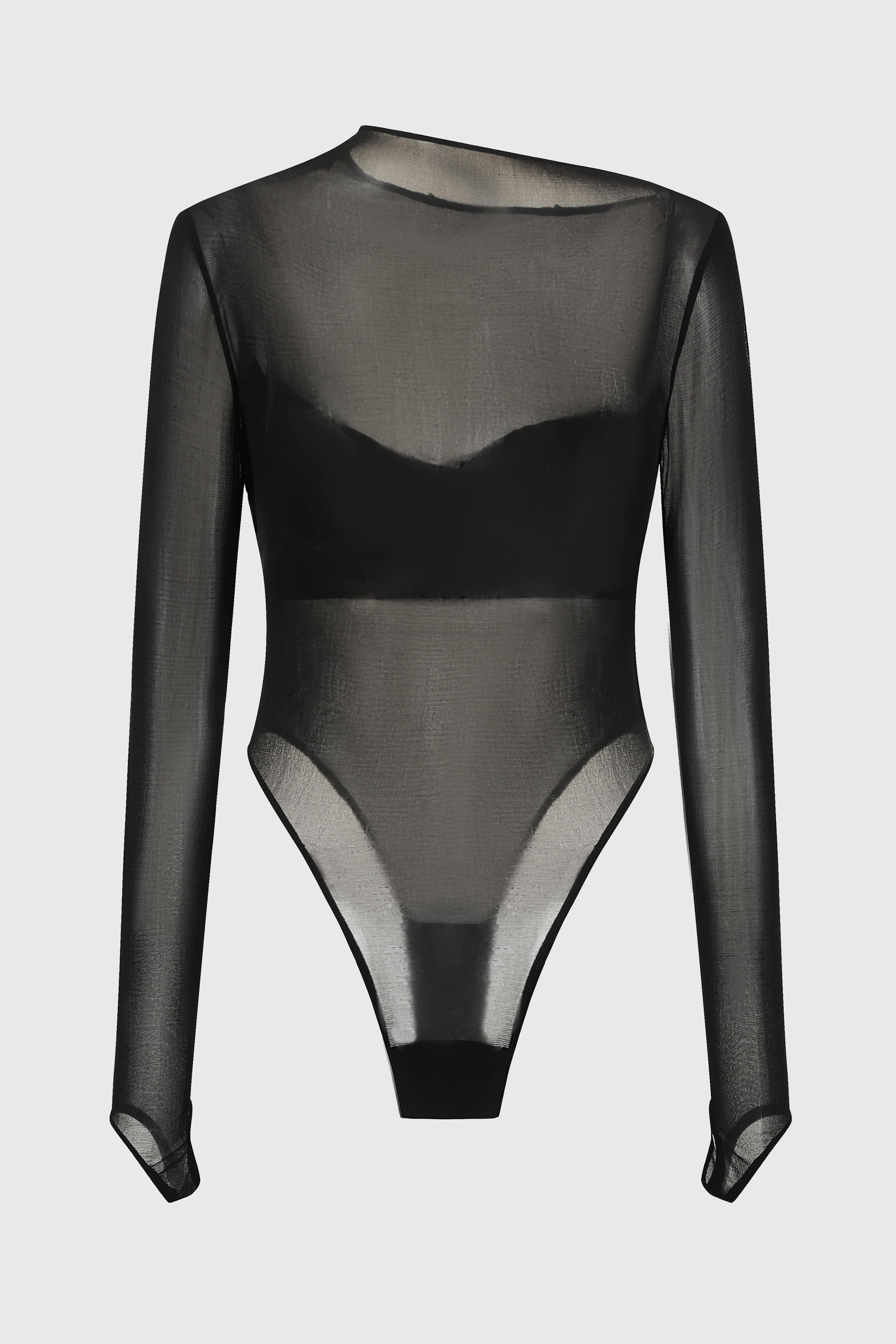DRAPED SILK MESH BODYSUIT BLACK