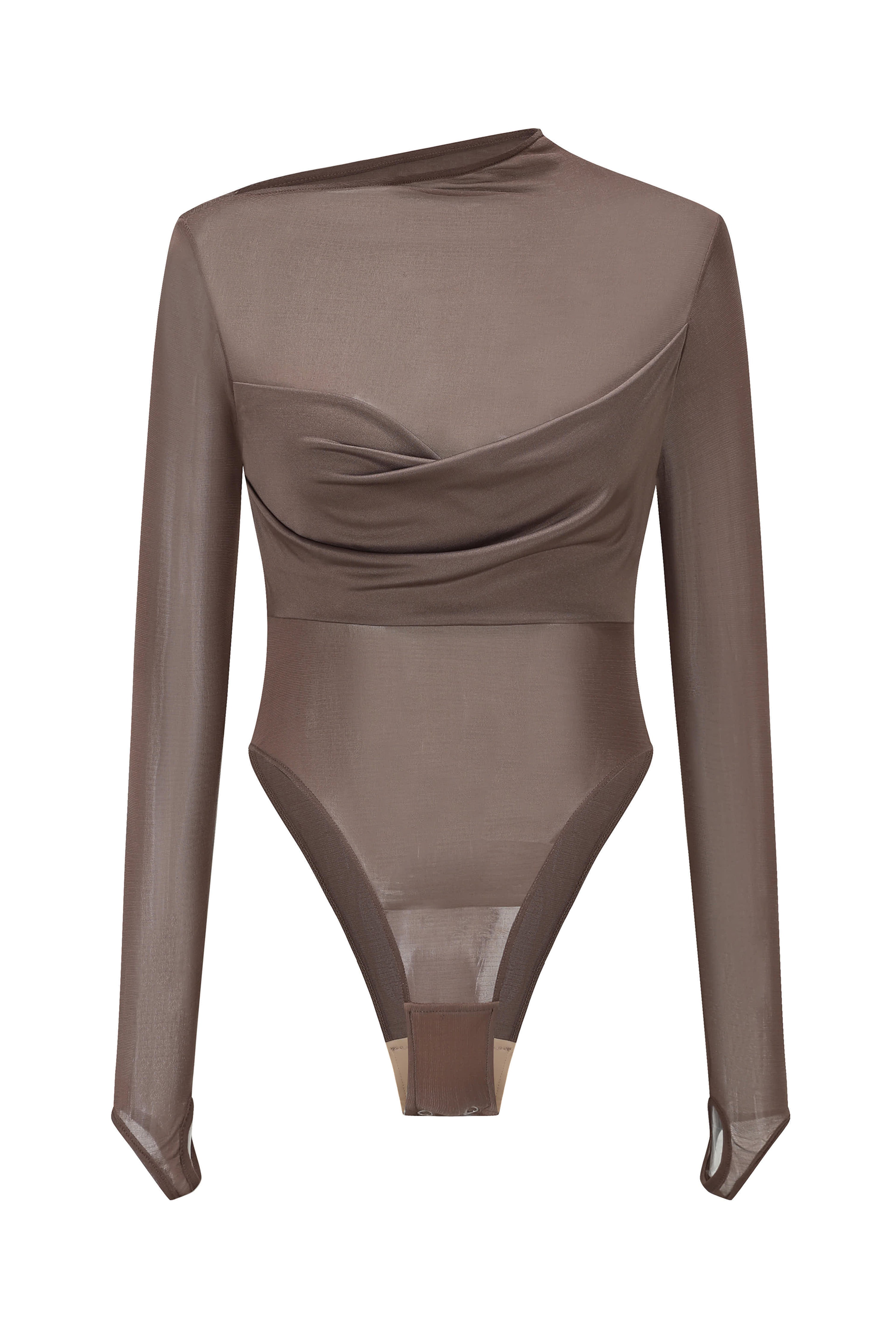 DRAPED SILK MESH BODYSUIT MIST GREY