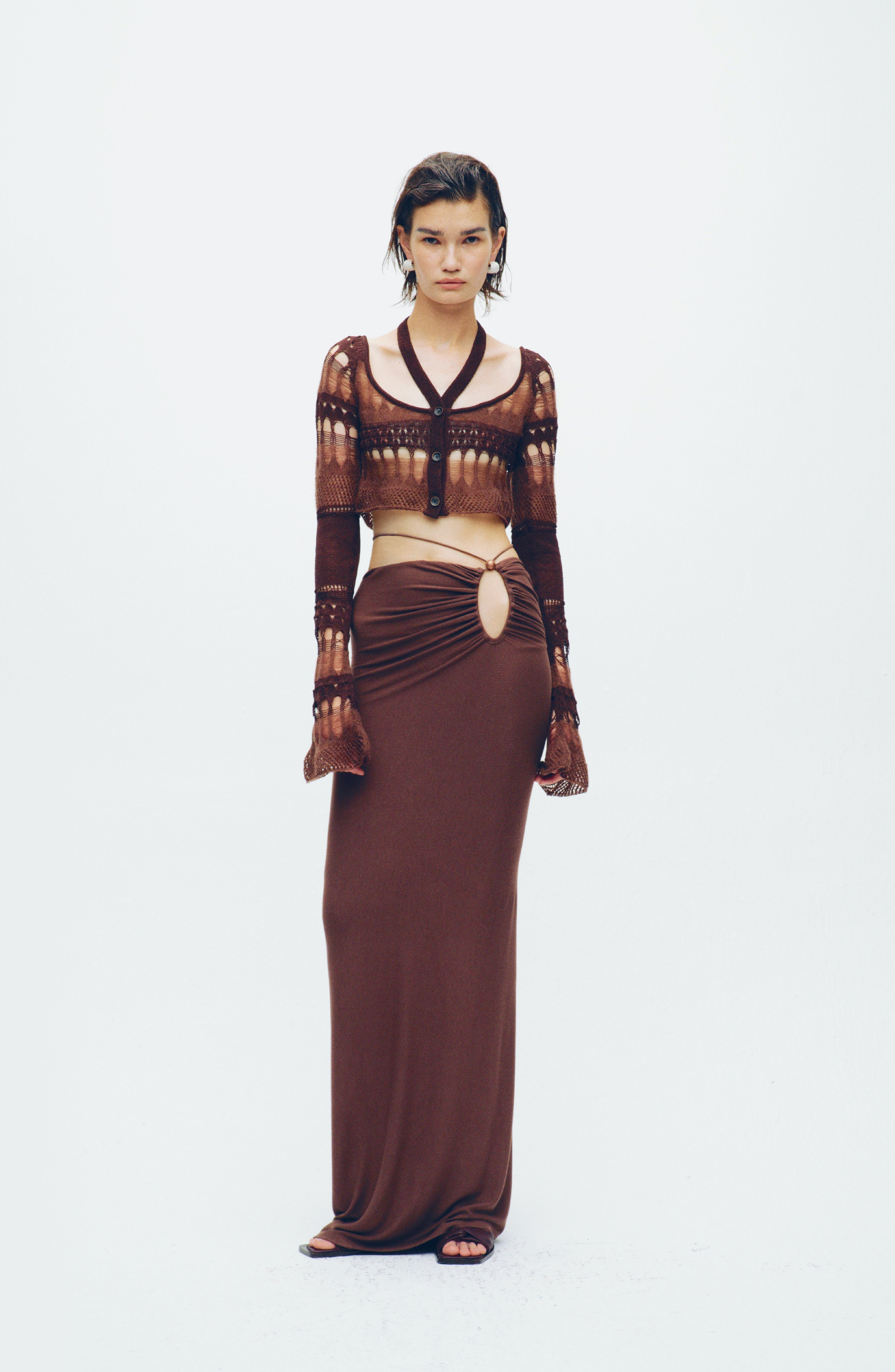 CINCHED TIE-FASTING JERSEY SKIRT COFFEE