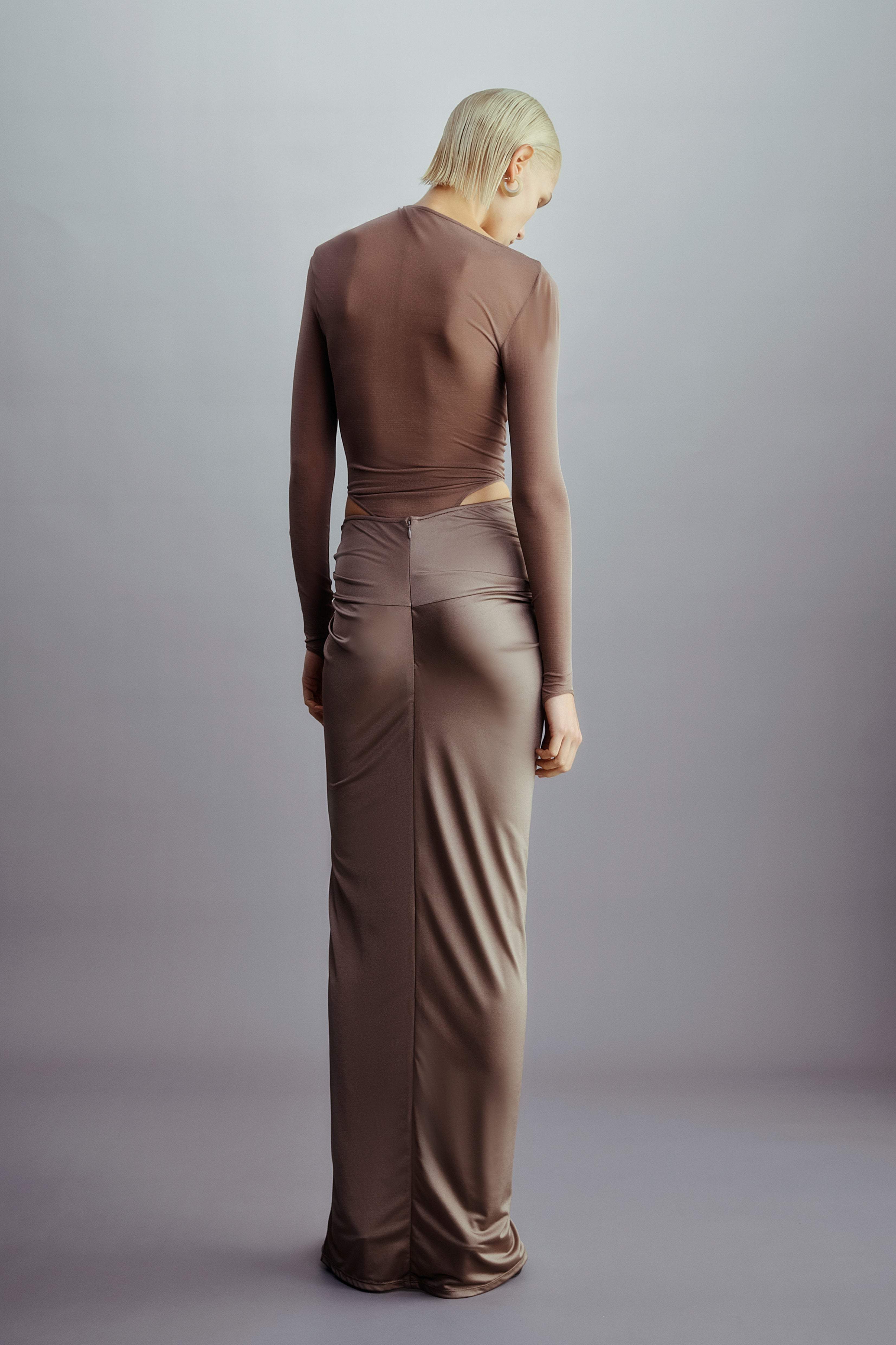 DRAPED SILK MESH BODYSUIT MIST GREY