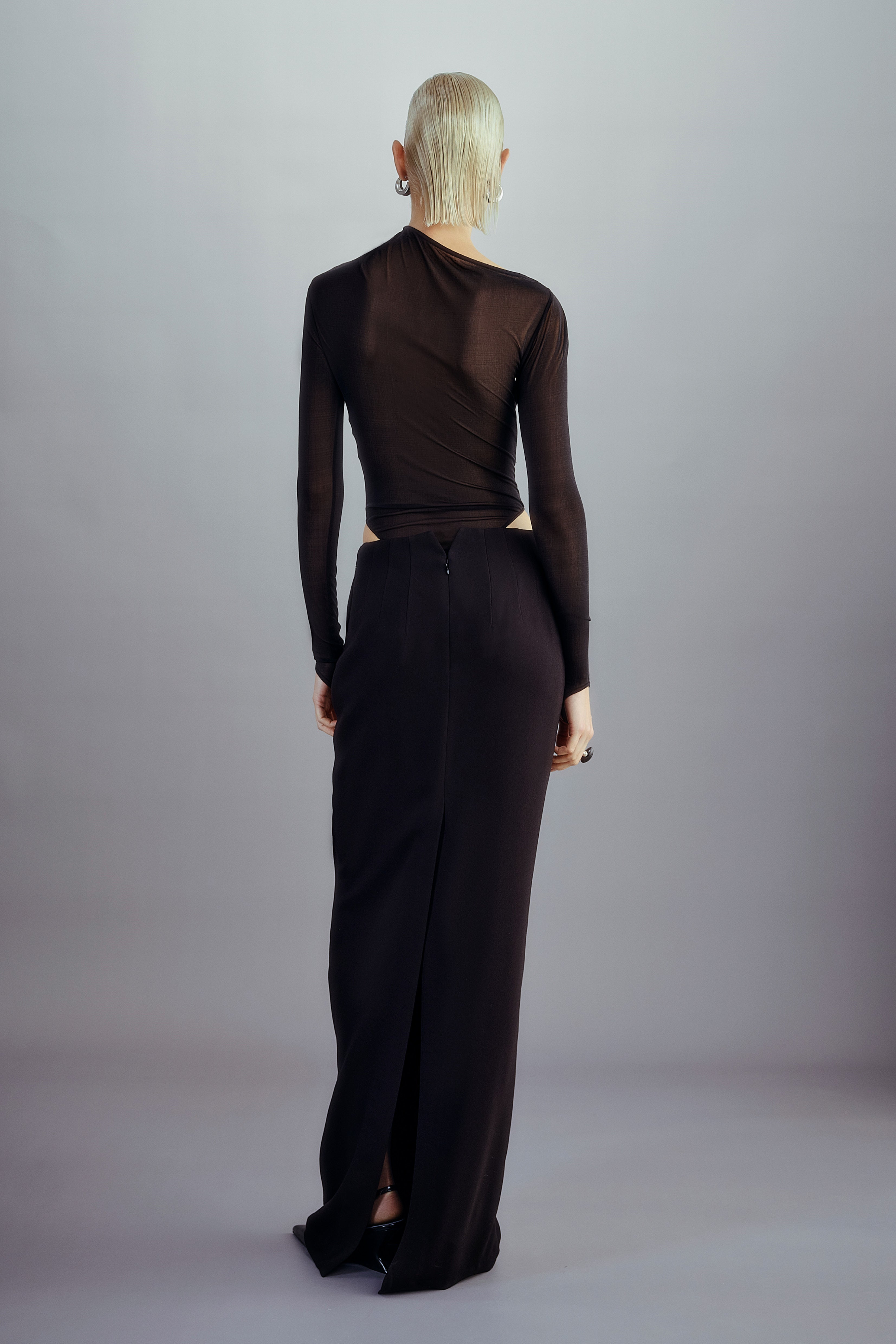 DRAPED SILK MESH BODYSUIT BLACK